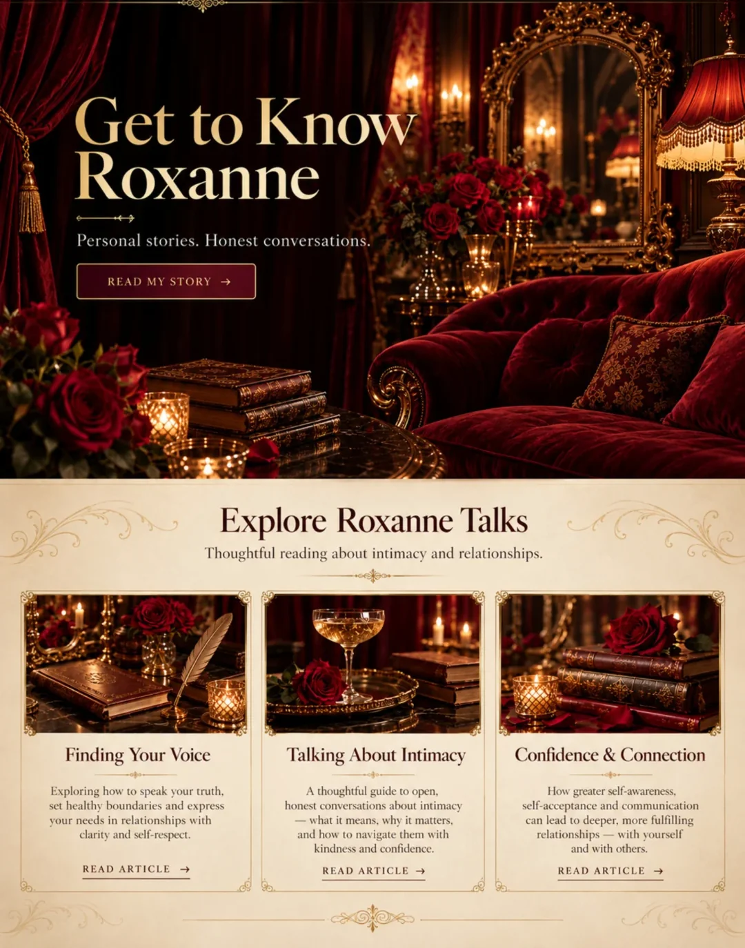 Roxanne Reynolds Home: burgundy velvet, ornate gold accents, roses and candlelit Moulin Rouge-inspired atmosphere, following the approved design.