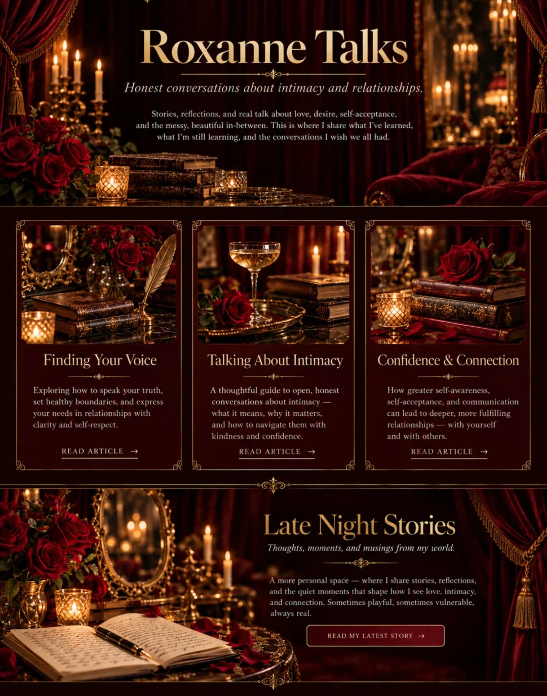 Roxanne Reynolds Roxanne Talks: burgundy velvet, ornate gold accents, roses and candlelit Moulin Rouge-inspired atmosphere, following the approved design.