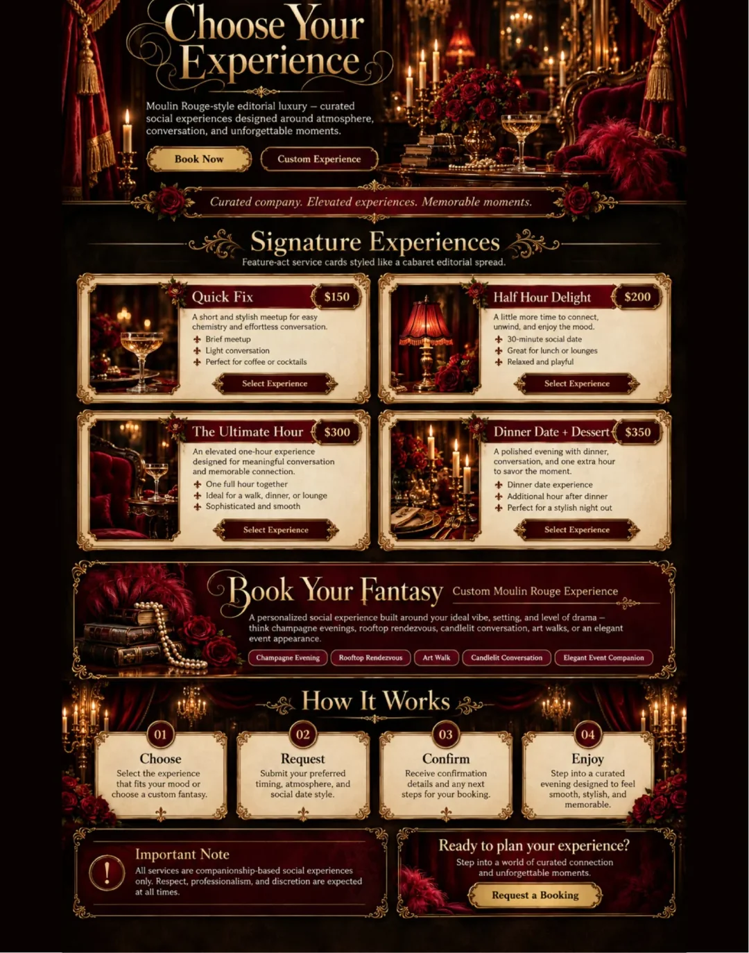 Roxanne Reynolds Services: burgundy velvet, ornate gold accents, roses and candlelit Moulin Rouge-inspired atmosphere, following the approved design.