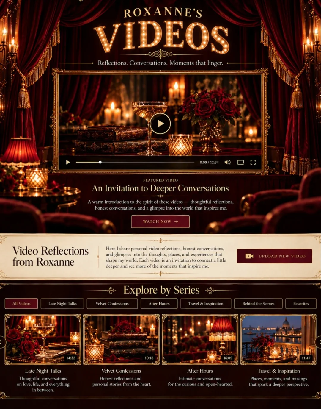 Roxanne Reynolds Videos: burgundy velvet, ornate gold accents, roses and candlelit Moulin Rouge-inspired atmosphere, following the approved design.