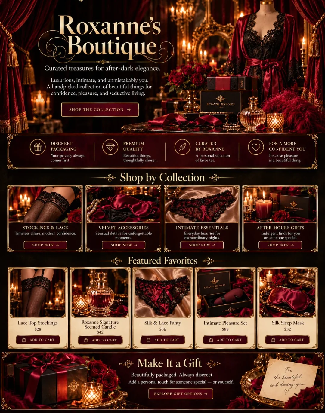 Roxanne Reynolds Boutique: burgundy velvet, ornate gold accents, roses and candlelit Moulin Rouge-inspired atmosphere, following the approved design.