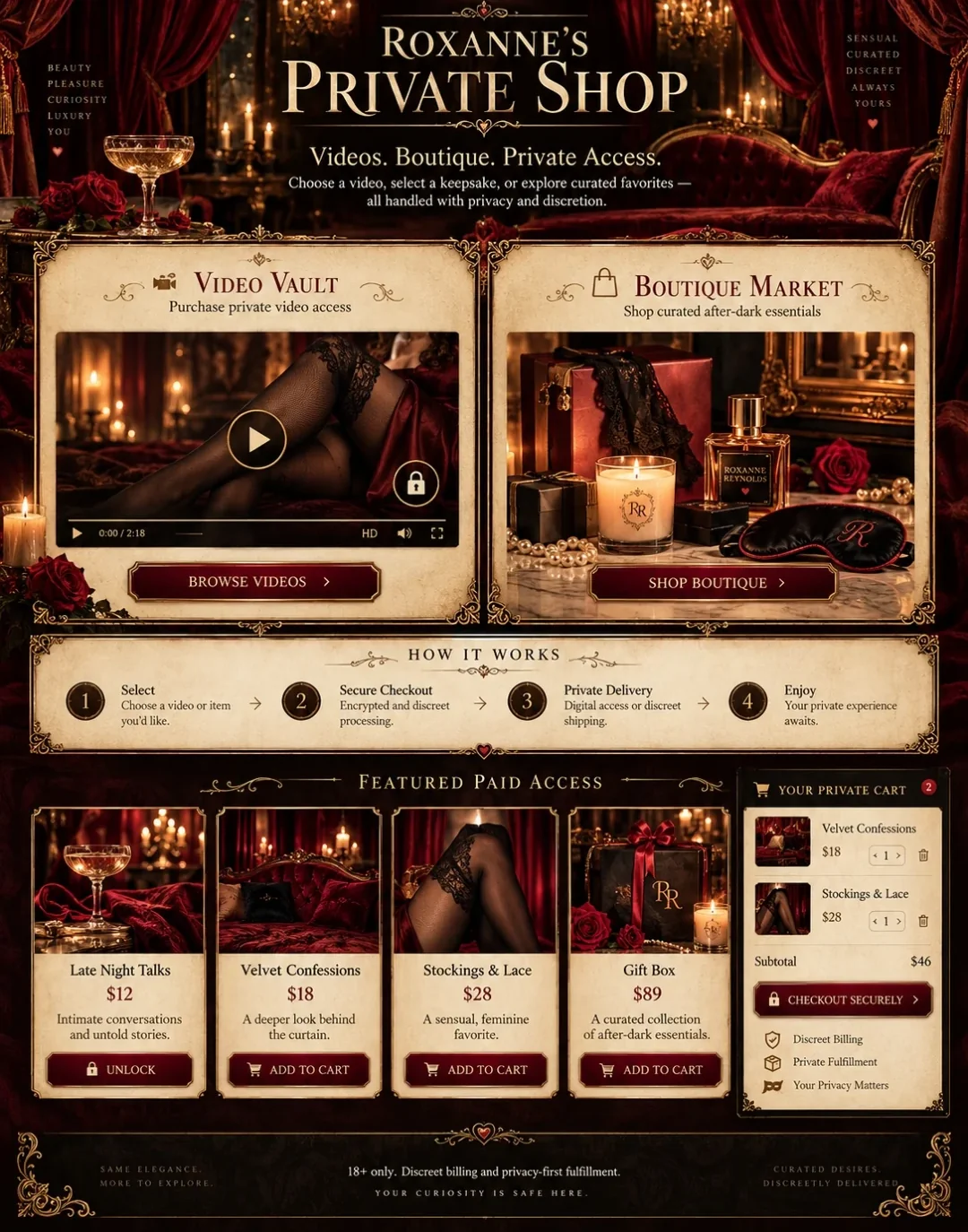 Roxanne Reynolds Private Shop: burgundy velvet, ornate gold accents, roses and candlelit Moulin Rouge-inspired atmosphere, following the approved design.