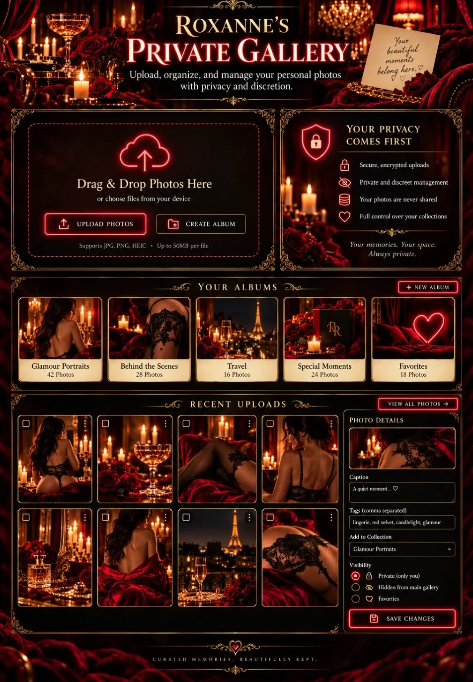 Roxanne Reynolds Private Gallery: burgundy velvet, ornate gold accents, roses and candlelit Moulin Rouge-inspired atmosphere, following the approved design.